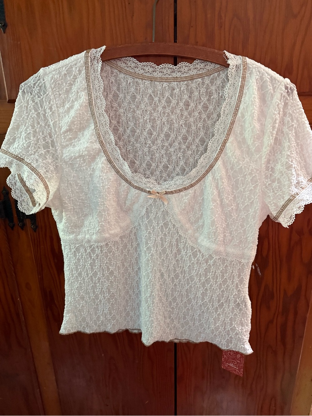 SHEIN White Lace Short-Sleeve Scoop Neck Top with Gold Trim